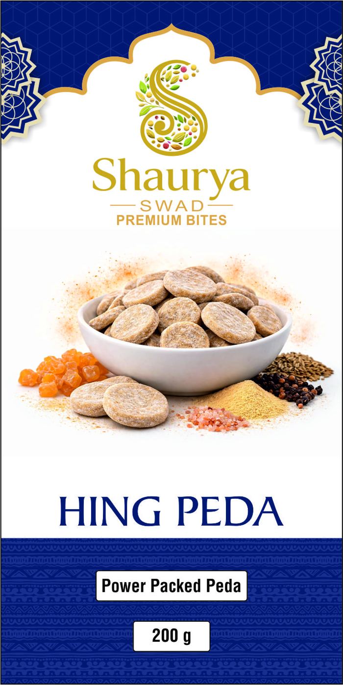 Hing Peda premium bites label, Power Packed Peda